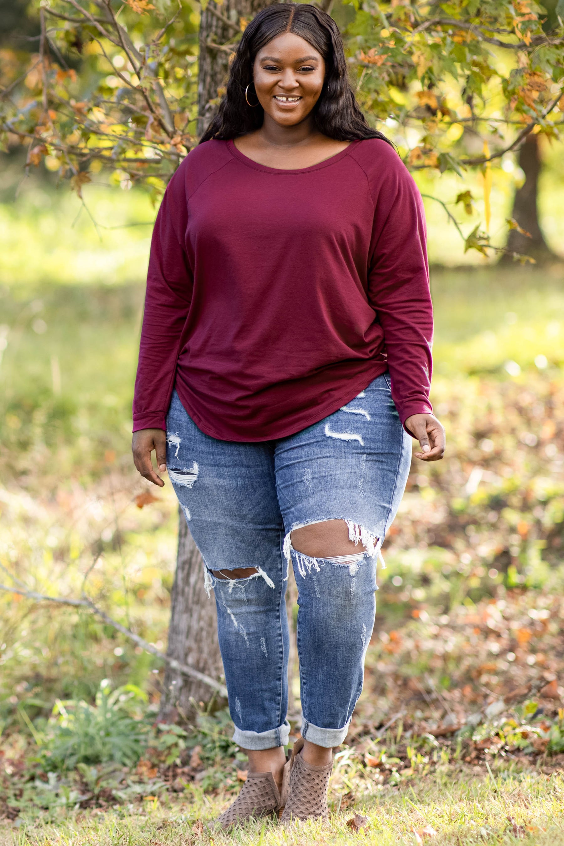 Curved Hem Slouchy Tunic, Wine