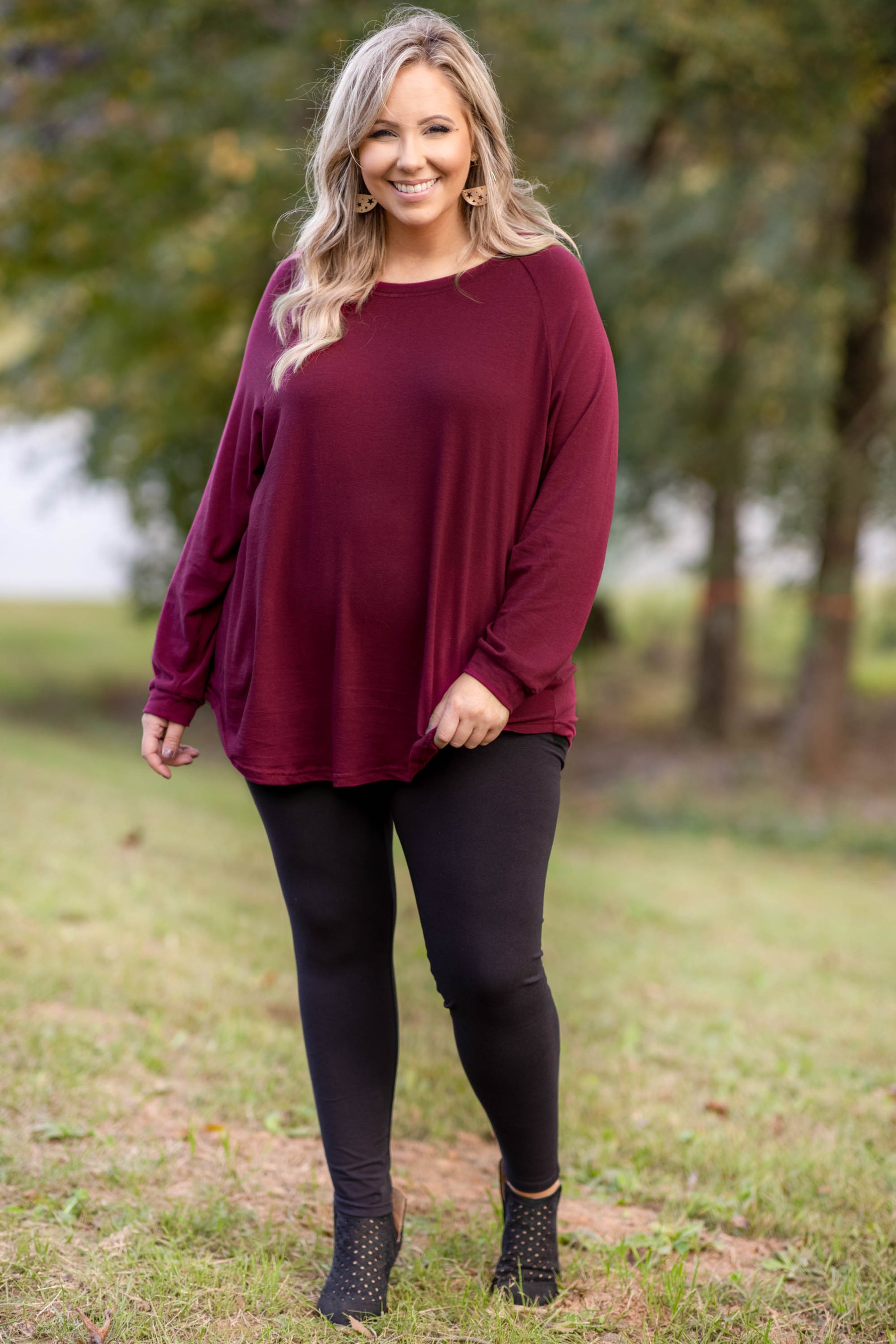 Curved Hem Slouchy Tunic, Wine