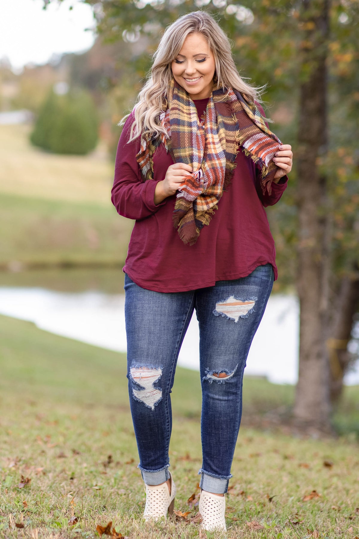 Curved Hem Slouchy Tunic, Wine