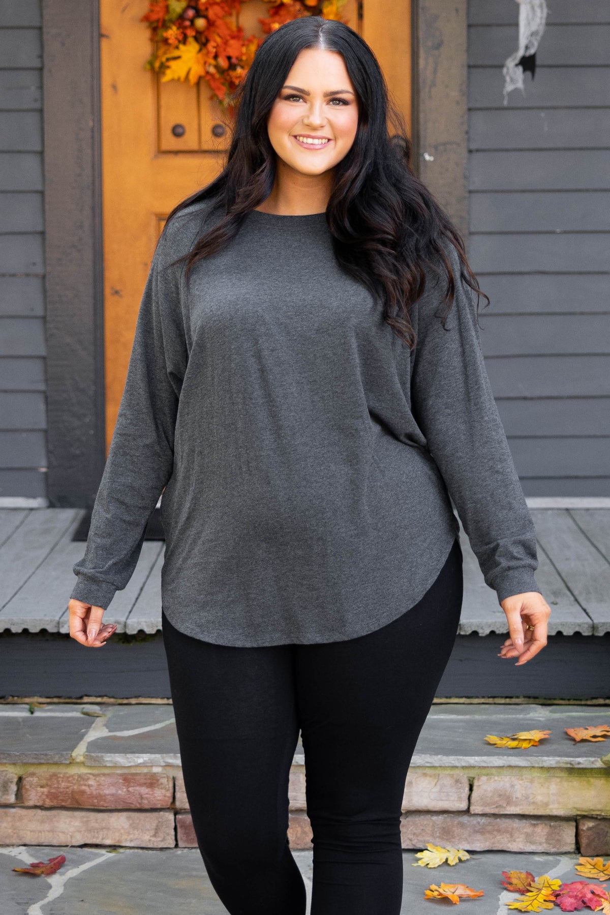 Curved Hem Slouchy Dolman Tunic, Charcoal