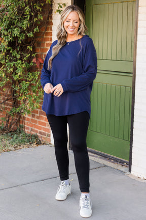 Curved Hem Slouchy Dolman Tunic, Navy