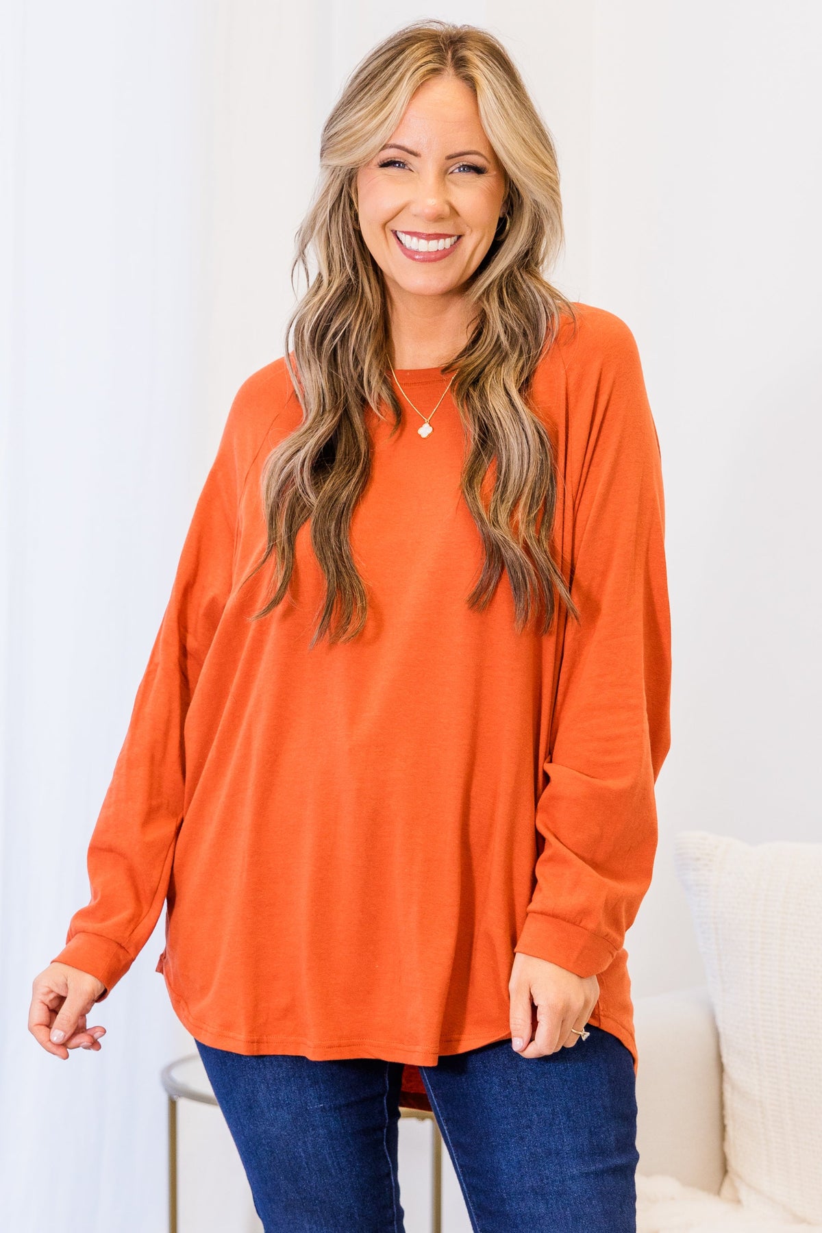 Curved Hem Slouchy Dolman Tunic, Rust