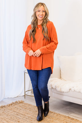 Curved Hem Slouchy Dolman Tunic, Rust