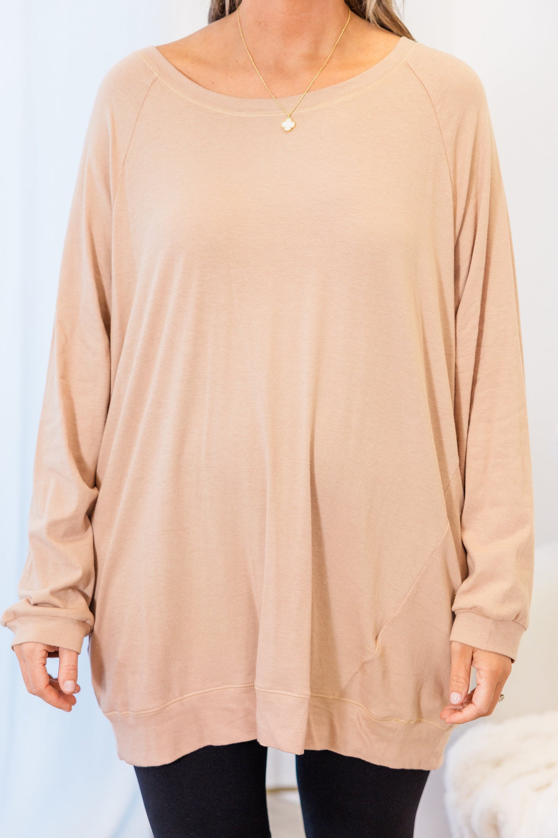 Slouchy Dolman Tunic Long Sleeve, Warm Taupe