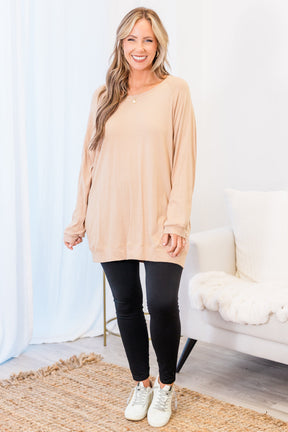 Slouchy Dolman Tunic Long Sleeve, Warm Taupe