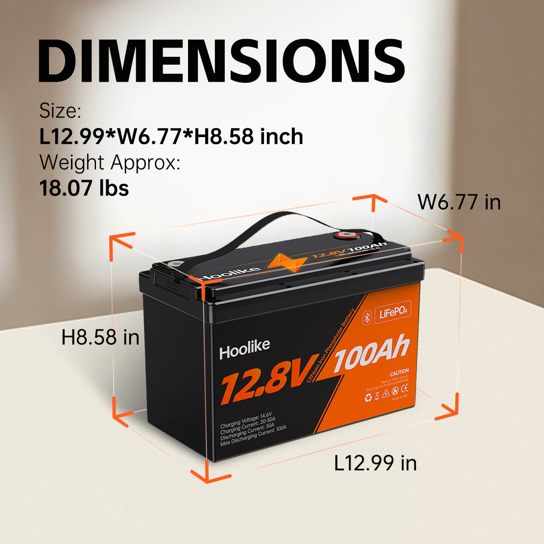 HOOLIKE 12.8V 100Ah Bluetooth-Enabled Lithium Iron Phosphate (LiFePO4) Battery